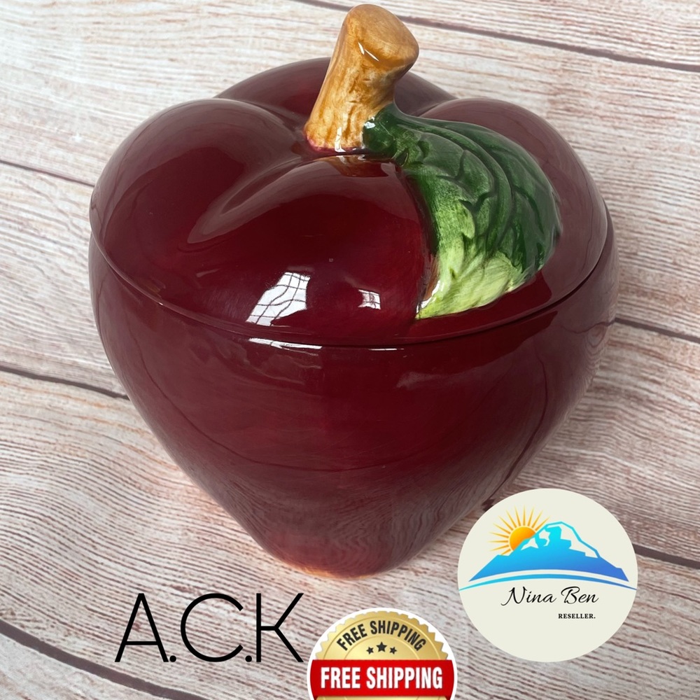 Apple shaped large bowl with lid red ceramic ack brand